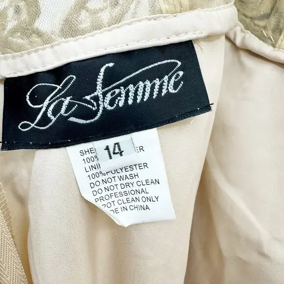 La Femme Nude Floral Appliqué Chiffon Evening Gown Maxi Dress Size 14 NWT